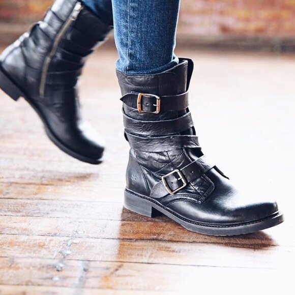 $389 Veronica Tanker Cognac Brown Real Leather Strappy Belted Moto Combat Boots - Picture 2 of 14